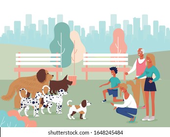 Happy Cartoon People Pets Owners Characters Playing with Dogs in City Park. Female and Male Competition Participator Standing Opposite Pets and Hollo in Puppies. Vector flat Illustration