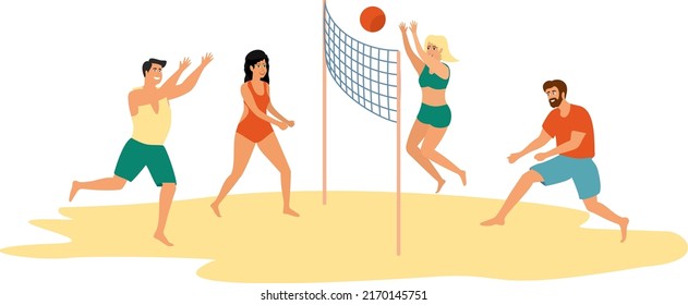 Happy cartoon people playing beach volleyball on sand in summer. Players in swimsuits throwing ball through net. Summer Activities. Vector illustration of beach volley isolated on white background