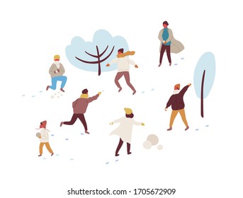 Felices caricaturas jugando bolas de nieve y haciendo ilustraciones planas vectoriales de muñecos de nieve. El alegre hombre, mujer y niño colorido disfrutan de la actividad al aire libre en el parque de invierno aislado de fondo blanco