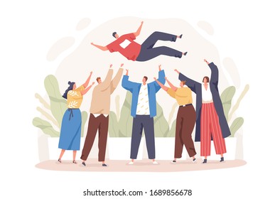 Happy cartoon people toss up person celebrating success vector flat illustration. Group of positive friends celebrate victory achievement together isolated on white. Joyful team congratulation male.