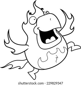 A happy cartoon phoenix jumping and smiling.