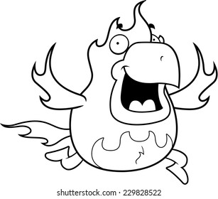 A happy cartoon phoenix running and smiling.