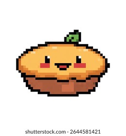 Happy cartoon pie character with a smiling face and green leaf designed in pixel art style. Vector