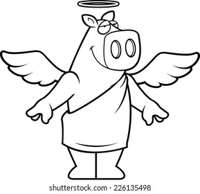 A happy cartoon pig with angel wings and halo.