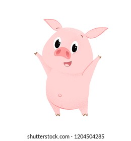 Happy cartoon pig celebrating success. Excited, fun, joy. Symbol of new year concept. Can be used for greeting cards, posters, leaflets and brochure