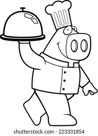 A happy cartoon pig chef with a serving tray.