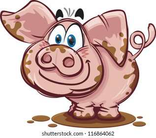 A happy cartoon pig covered in mud