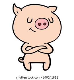 happy cartoon pig with crossed arms