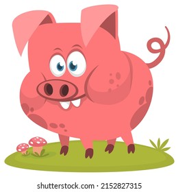 Happy cartoon pig. Illustration of a smiling piggy  standing on the meadow