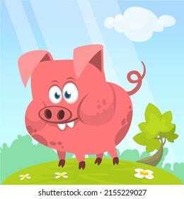 Happy cartoon pig. Illustration of a smiling piggy isolated on white