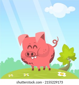 Happy cartoon pig. Illustration of a smiling piggy  standing on the meadow