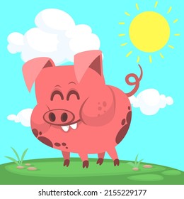 Happy cartoon pig. Illustration of a smiling piggy  standing on the meadow