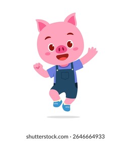 Happy cartoon pig jumping and waving isolated on white background illustration