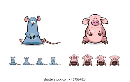 Happy cartoon pig and mouse set. Can use like mascot for print, posters, t-shirts, textiles or oter kids stuff. Cartoon animal character vector illustration