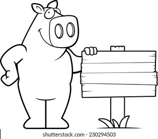 A happy cartoon pig standing next to a wood sign.
