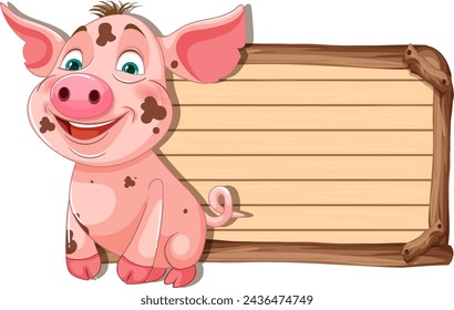 Happy cartoon pig standing next to a blank sign.