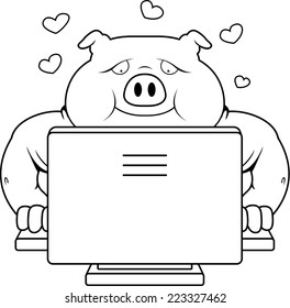 A happy cartoon pig using an internet dating site.