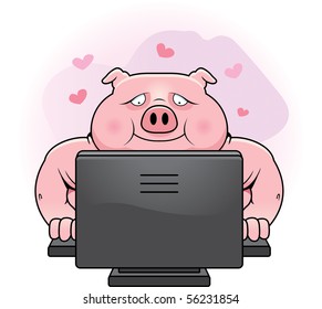 A happy cartoon pig using an internet dating site.