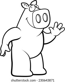 A happy cartoon pig waving and smiling.