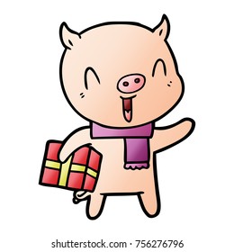 happy cartoon pig with xmas present