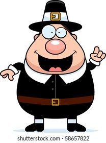 A happy cartoon pilgrim man with an idea.