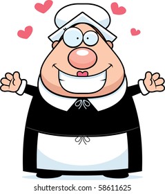A happy cartoon pilgrim woman ready to give a hug.