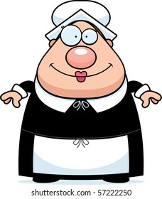 A happy cartoon pilgrim woman standing and smiling.