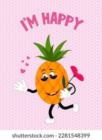 Feliz caricatura piña. Plantilla de postales con la inscripción - Estoy feliz. Ilustración vectorial de personajes de mascota de frutas. Para portadas, libros y folletos, redes sociales, publicidad, folletos y