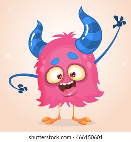 Happy cartoon pink monster. Vector Halloween horned character waving