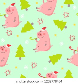 Happy cartoon pink pigs pattern with white background, vector illustration. Piglets and Christmas trees new year seamless pattern. xmas.