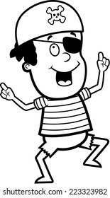 A happy cartoon pirate boy dancing and smiling.