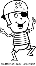 A happy cartoon pirate child dancing and smiling.