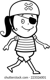 A happy cartoon pirate child walking and smiling.