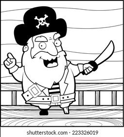 A happy cartoon pirate on the deck of a ship.
