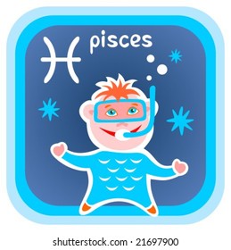 Happy cartoon Pisces isolated on a blue background. Zodiac star sign.