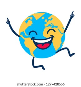 Happy cartoon planet earth globe jumping isolated on white background