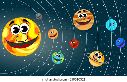 Happy cartoon planets of Solar System orbit the Sun in the space