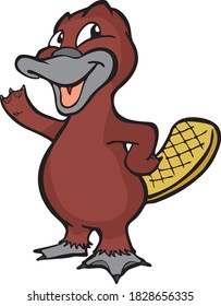 Happy cartoon platypus waving isolated on white background