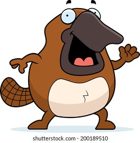 A happy cartoon platypus waving and smiling.