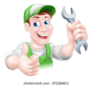 A happy cartoon plumber or mechanic man holding a spanner or wrench and giving a thumbs up