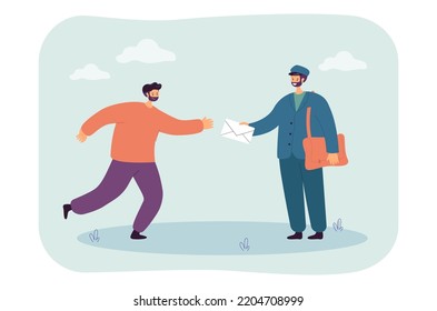 Happy Cartoon Postal Worker Giving Envelope To Man. Male Character Receiving Letter From Courier Flat Vector Illustration. Mail, Communication, Delivery Service, Correspondence Concept For Banner