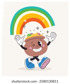 Happy cartoon pot with gold character with rainbow over their head. Vector illustration