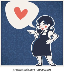 happy cartoon pregnant woman, pattern background and speech bubble