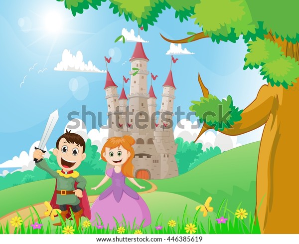 Happy Cartoon Prince Princess Castle Background Stock Vector (Royalty ...