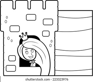 A happy cartoon princess in a castle.