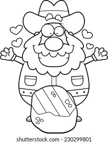 A happy cartoon prospector with a gold nugget.