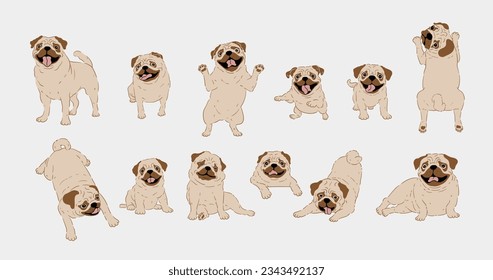 Happy Cartoon Pug Hund Set