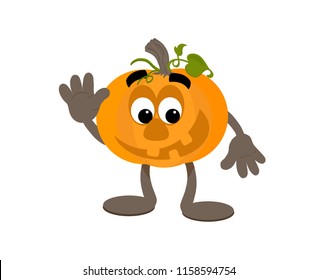 Happy cartoon pumpkin mascot waving.
