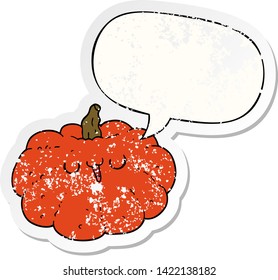 feliz abóbora de desenho animado com balão de fala afligido velho adesivo
