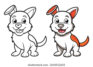 Happy Cartoon Puppy Coloring Page – Fun Educational Illustration in Outline and Colored Style